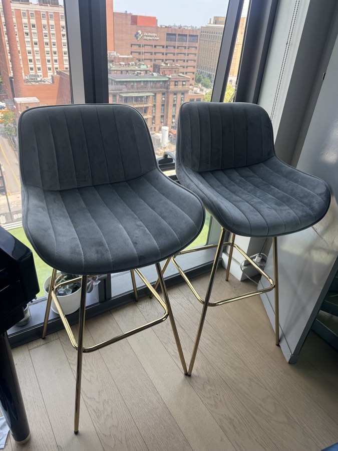 Set of 2 Grey Velvet Barstools with Gold Legs