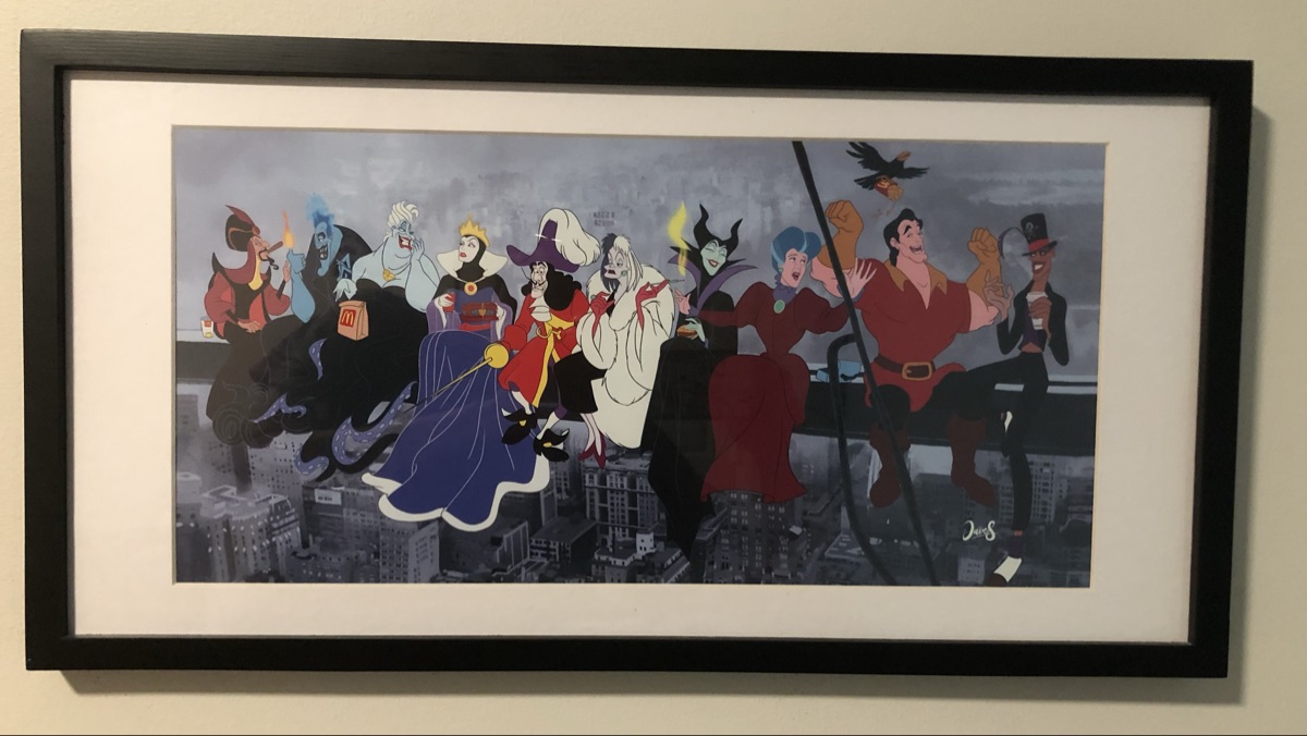 Disney characters  posing as “Lunch Atop a Skyscraper” iconic NYC picture. Print