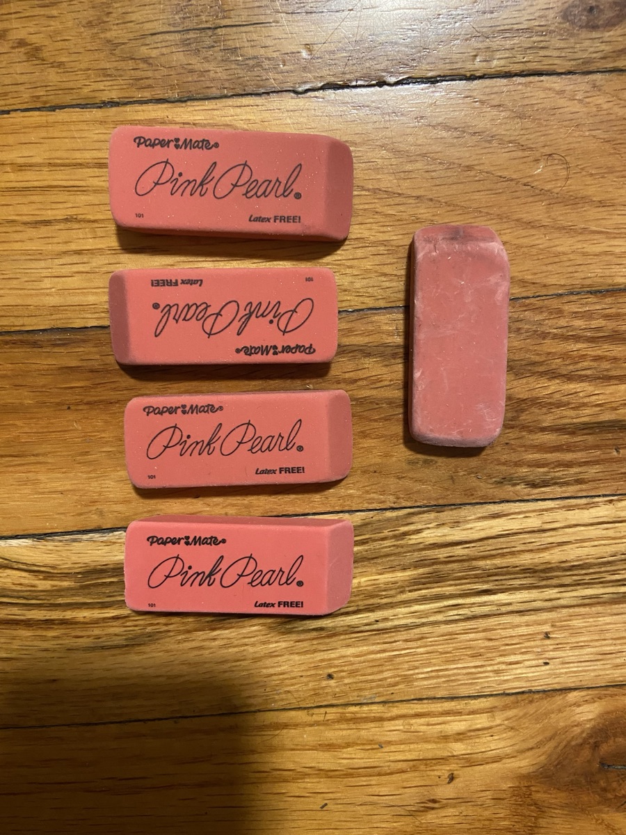 Erasers, 4 new 1 used 