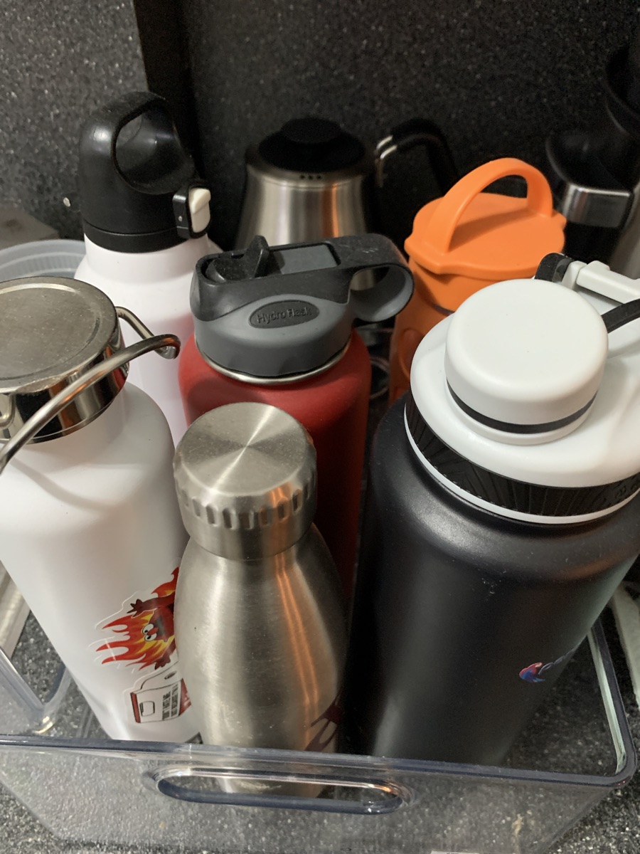 Assorted reusable water bottles