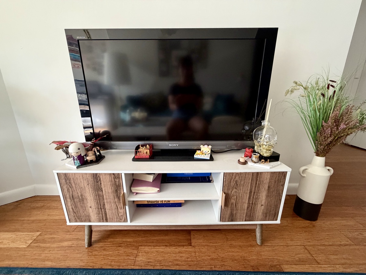 Mid century brown and white TV console / media unit