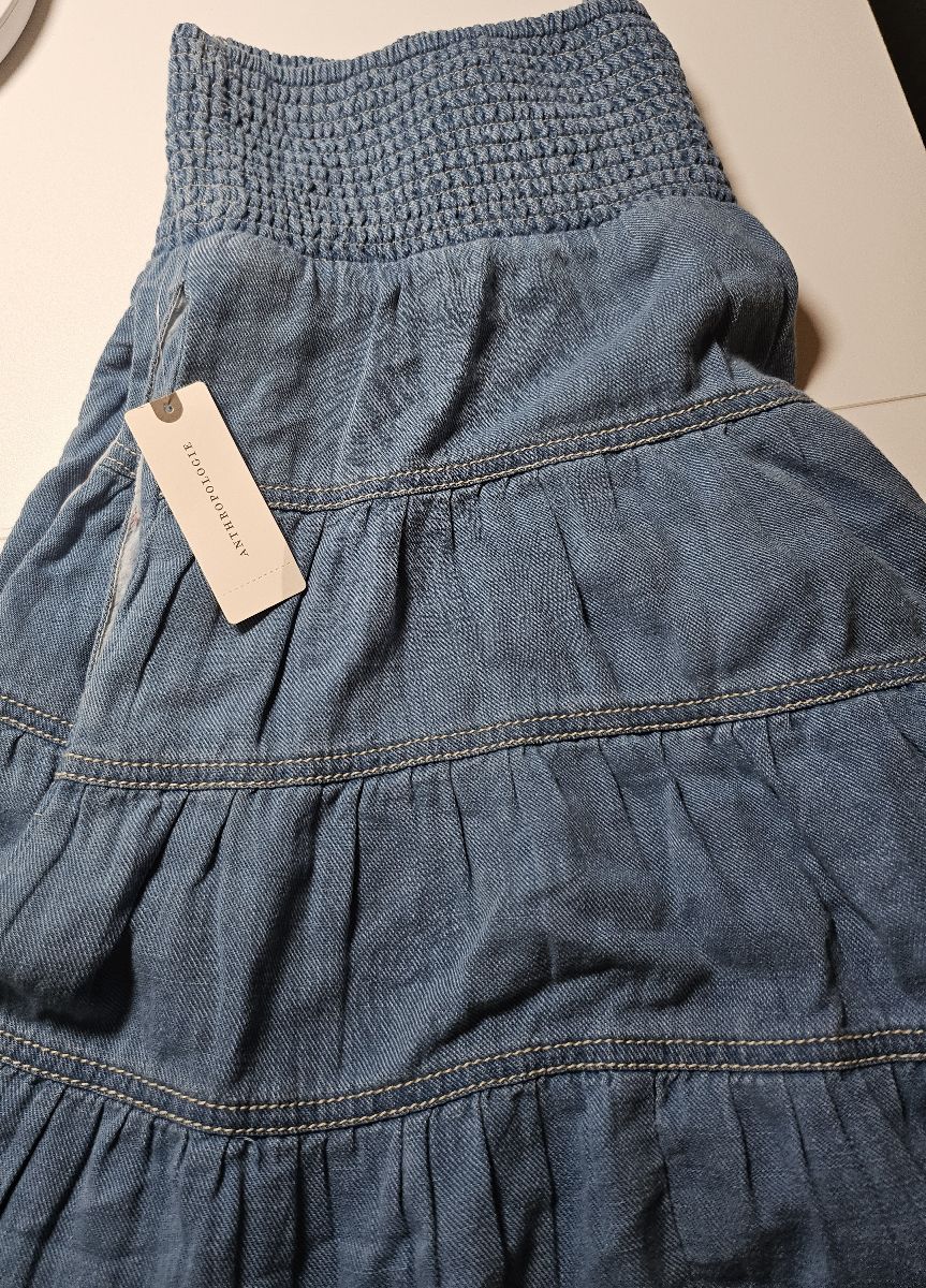 NWT Anthropologie Blue Denim Ruffle Elastic Waist A-Line Midi Skirt Women's M