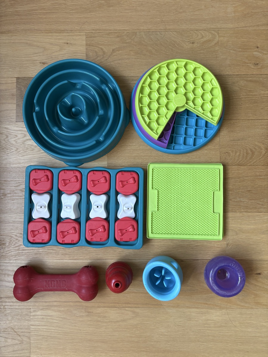 Assorted food puzzle/feeder toys for dogs